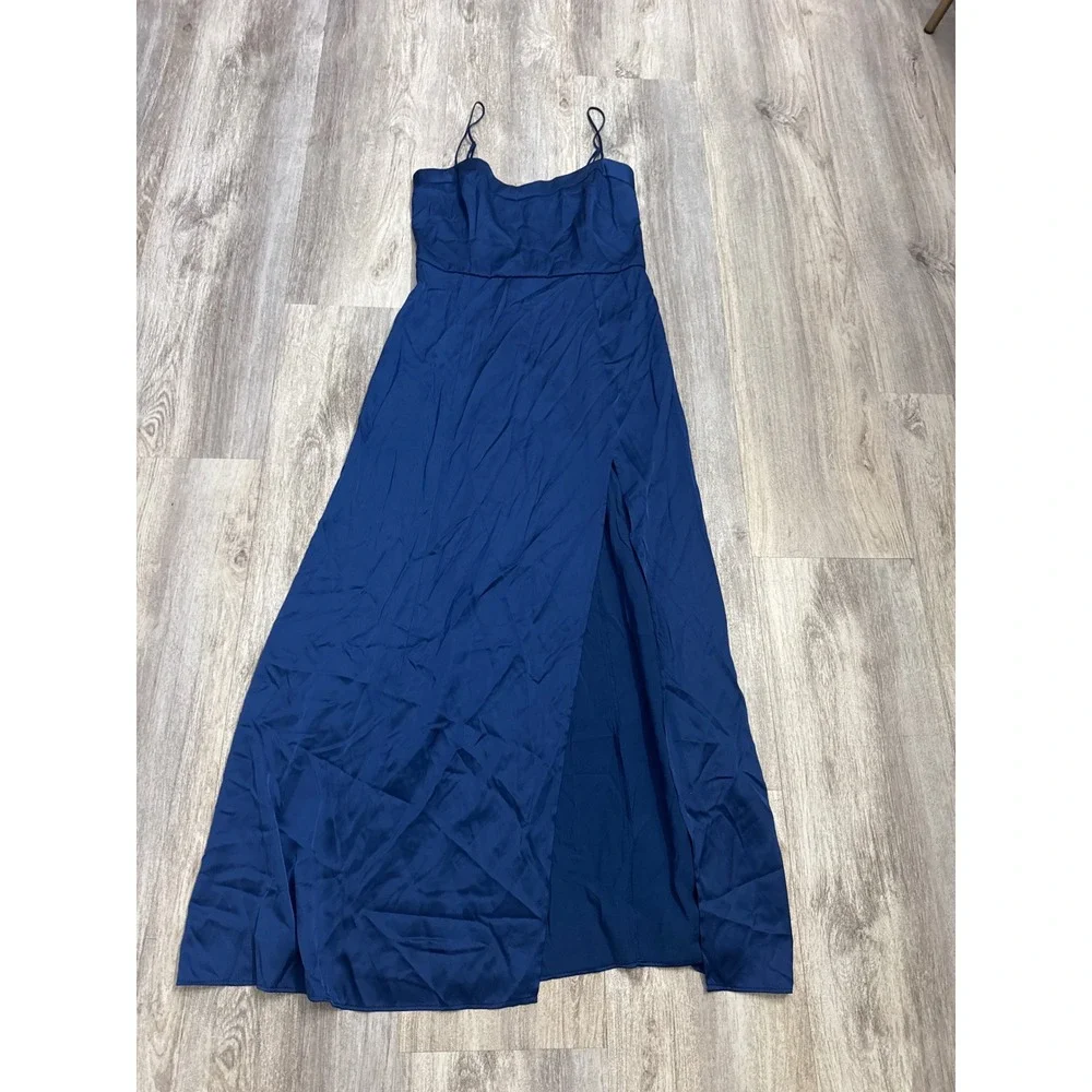 Abercrombie & Fitch Camille Satin Midi Dress Navy Blue High Slit Size Medium